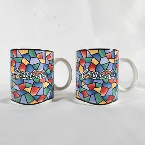 Set 2 Vintage 1996 Coca-Cola Gibson Housewares Stained Glass Mosaic Coffee Mugs‎